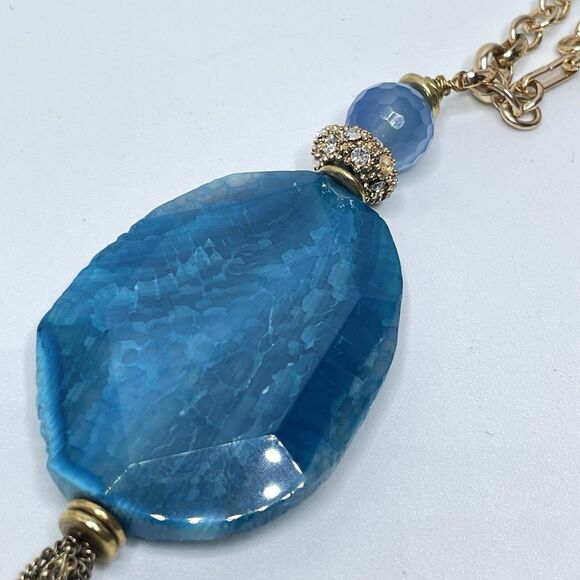 Sequin Blue Agate Stone Tassel Corded Necklace Gold Tone Boho Statement Chunky - Picture 4 of 8